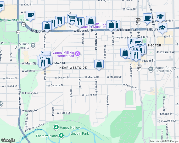 map of restaurants, bars, coffee shops, grocery stores, and more near 721 West Wood Street in Decatur