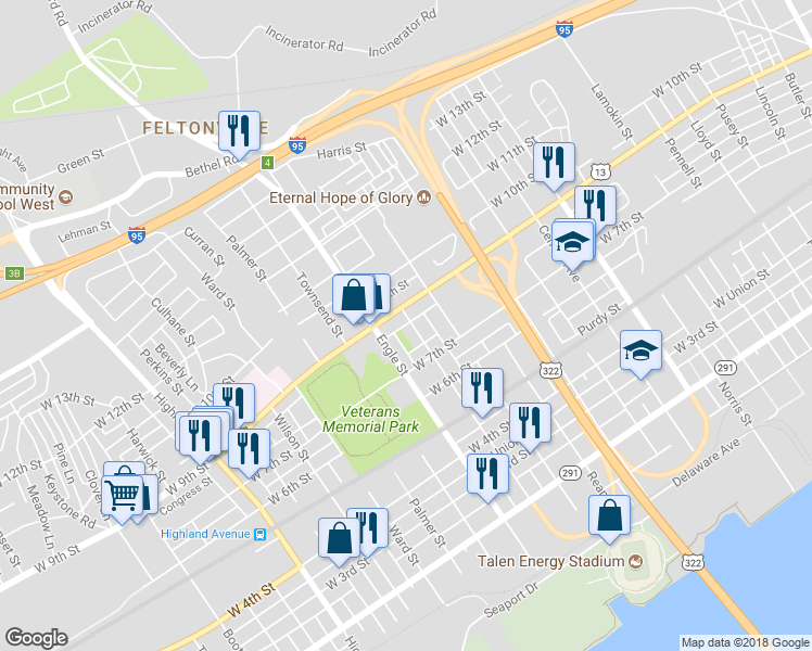 map of restaurants, bars, coffee shops, grocery stores, and more near 744 Jeffrey Street in Chester