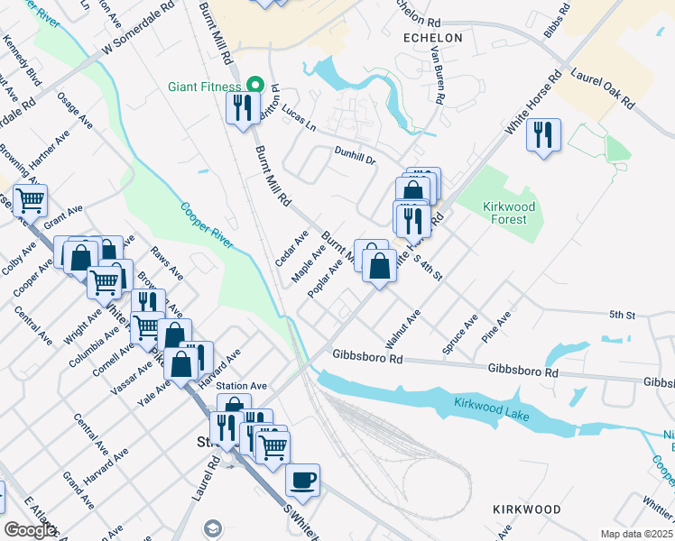 map of restaurants, bars, coffee shops, grocery stores, and more near 1208 Poplar Avenue in Voorhees Township