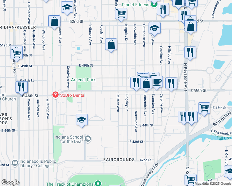 map of restaurants, bars, coffee shops, grocery stores, and more near 4556 Ralston Avenue in Indianapolis