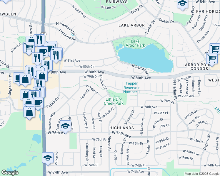 map of restaurants, bars, coffee shops, grocery stores, and more near 6756 West 79th Avenue in Arvada