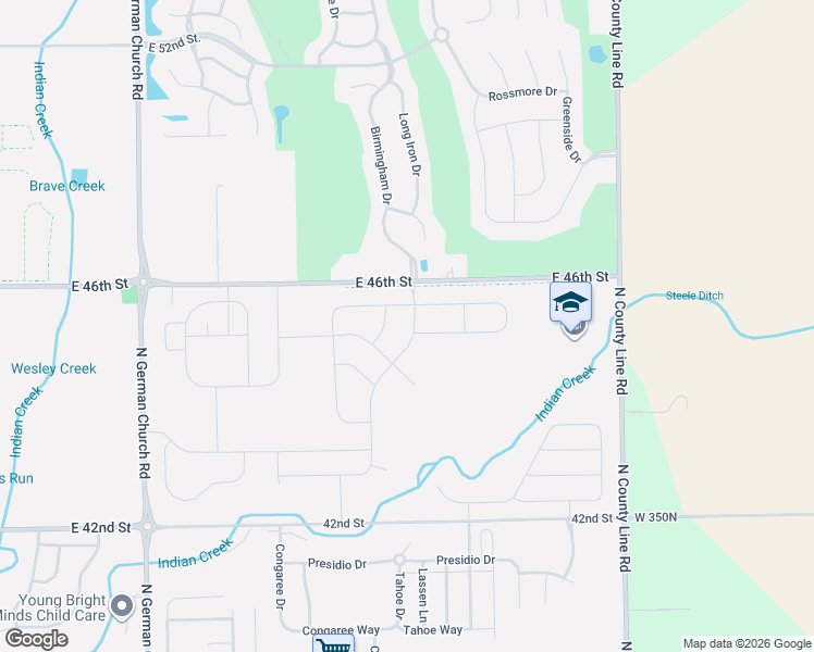 map of restaurants, bars, coffee shops, grocery stores, and more near 11479-11499 East 46th Street in Indianapolis