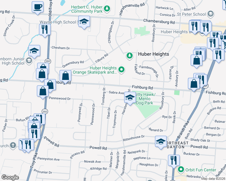 map of restaurants, bars, coffee shops, grocery stores, and more near 4973 Sabra Ave in Huber Heights