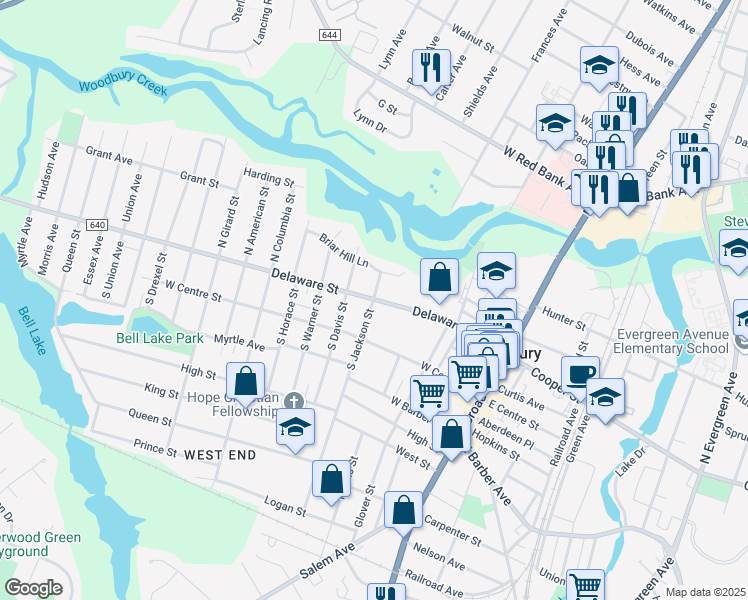map of restaurants, bars, coffee shops, grocery stores, and more near Delaware Street & South Jackson Street in Woodbury