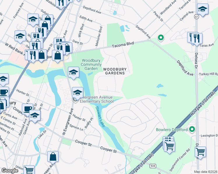 map of restaurants, bars, coffee shops, grocery stores, and more near 160 Carson Court in Deptford