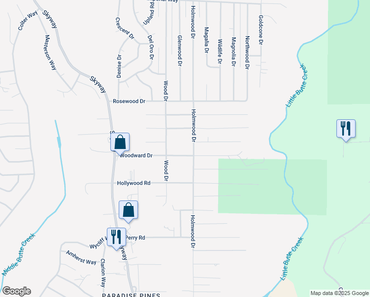 map of restaurants, bars, coffee shops, grocery stores, and more near 6539 Woodward Drive in Magalia