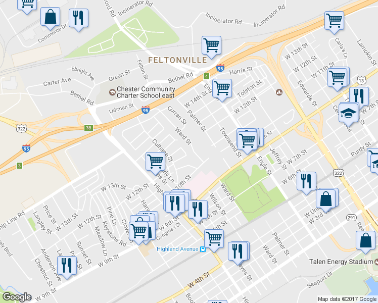 map of restaurants, bars, coffee shops, grocery stores, and more near 1034 Ward Street in Chester
