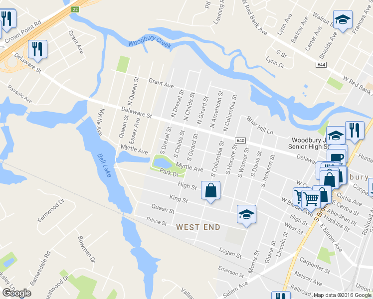 map of restaurants, bars, coffee shops, grocery stores, and more near 509 West Centre Street in Woodbury