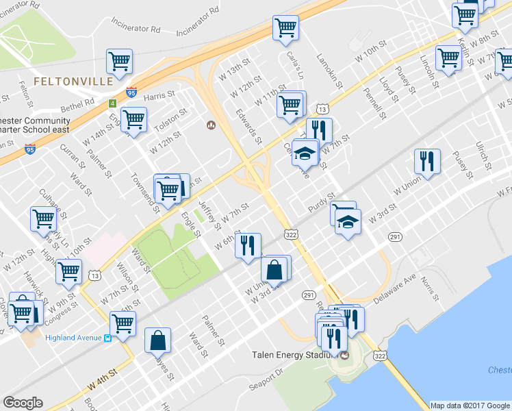 map of restaurants, bars, coffee shops, grocery stores, and more near 1831 West 7th Street in Chester