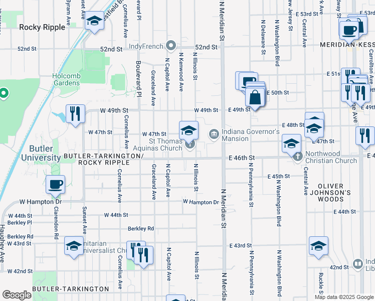 map of restaurants, bars, coffee shops, grocery stores, and more near 4625 North Kenwood Avenue in Indianapolis