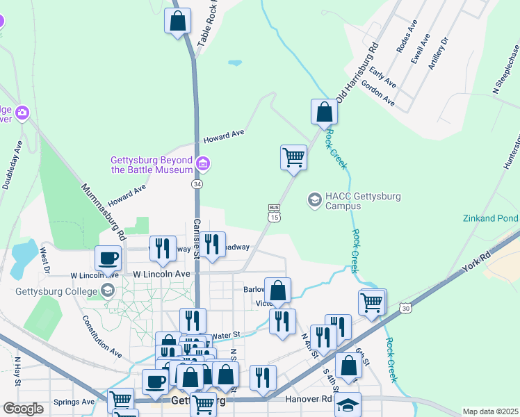 map of restaurants, bars, coffee shops, grocery stores, and more near 670 Old Harrisburg Road in Gettysburg