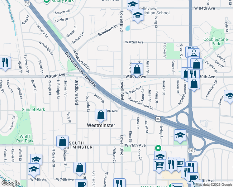 map of restaurants, bars, coffee shops, grocery stores, and more near 7901 Lowell Boulevard in Westminster