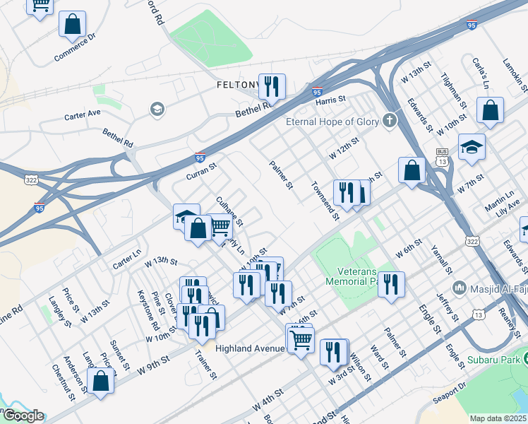 map of restaurants, bars, coffee shops, grocery stores, and more near 1034 Ward Street in Chester
