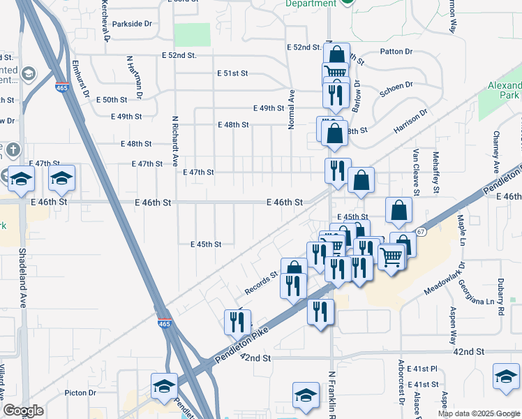 map of restaurants, bars, coffee shops, grocery stores, and more near 7831 East 46th Street in Indianapolis