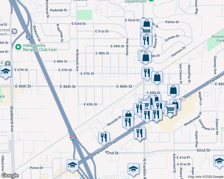 map of restaurants, bars, coffee shops, grocery stores, and more near 7831 East 46th Street in Indianapolis