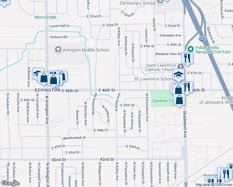 map of restaurants, bars, coffee shops, grocery stores, and more near 6601 East 46th Street in Indianapolis
