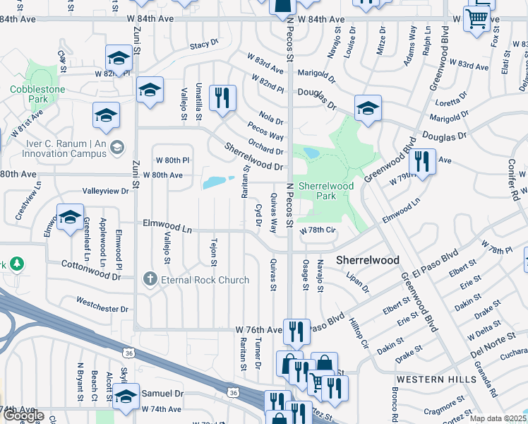 map of restaurants, bars, coffee shops, grocery stores, and more near 7906 Cyd Drive in Denver