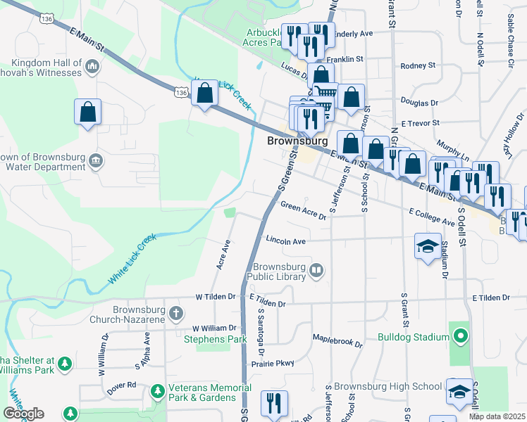 map of restaurants, bars, coffee shops, grocery stores, and more near 210 South Green Street in Brownsburg