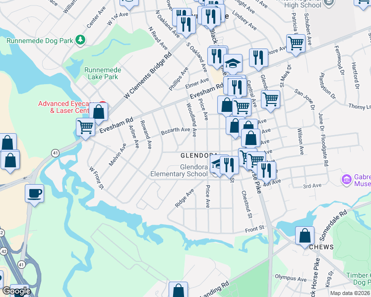 map of restaurants, bars, coffee shops, grocery stores, and more near 417 Austin Avenue in Gloucester Township