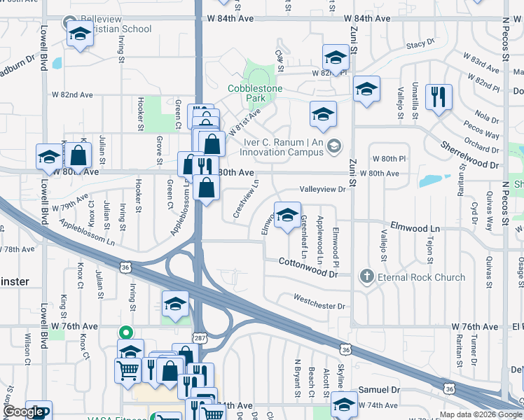 map of restaurants, bars, coffee shops, grocery stores, and more near 7900 Valleyview Drive in Denver