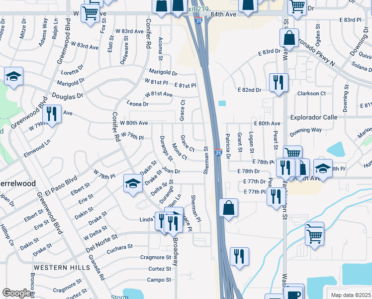 map of restaurants, bars, coffee shops, grocery stores, and more near 7901 Grace Court in Denver