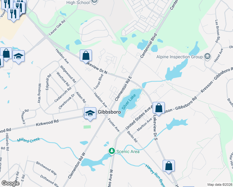 map of restaurants, bars, coffee shops, grocery stores, and more near 3 Clementon Road East in Gibbsboro