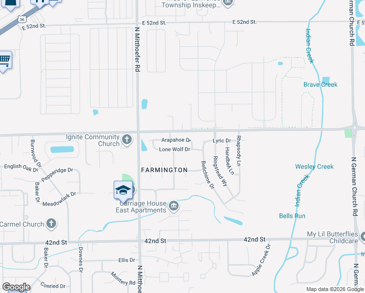map of restaurants, bars, coffee shops, grocery stores, and more near 10210 Lone Wolf Drive in Indianapolis