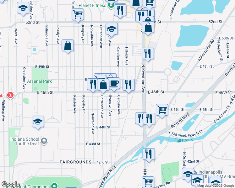 map of restaurants, bars, coffee shops, grocery stores, and more near 2055 East 46th Street in Indianapolis