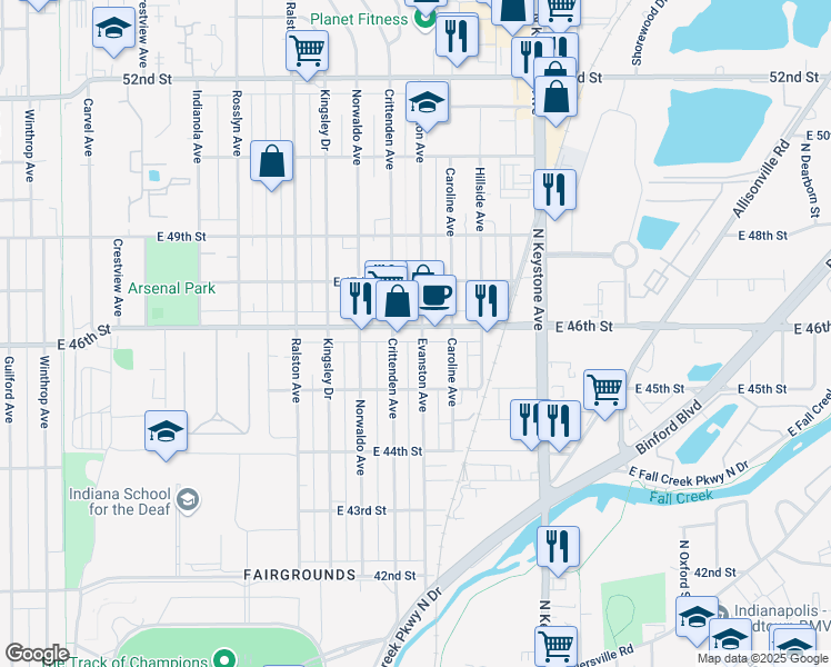 map of restaurants, bars, coffee shops, grocery stores, and more near 2019 East 46th Street in Indianapolis