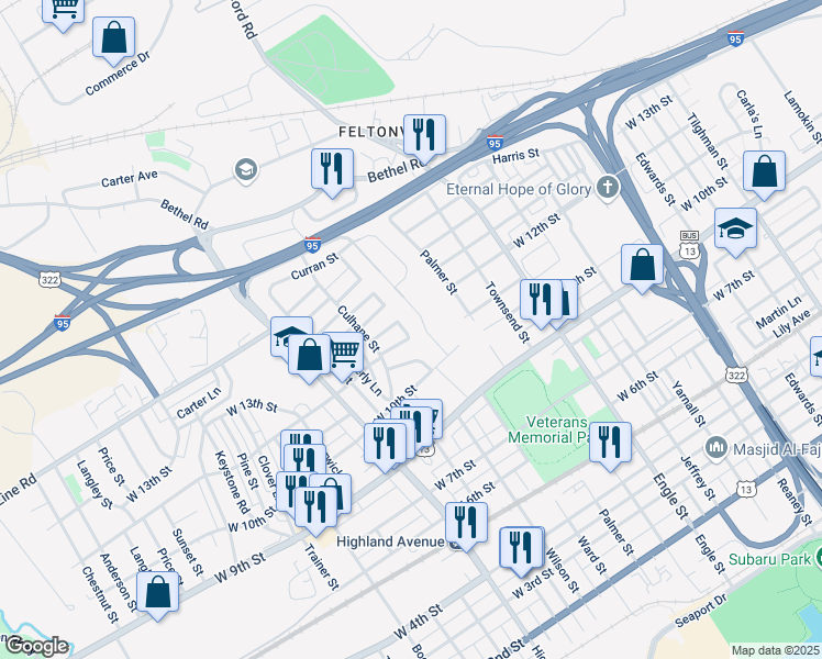 map of restaurants, bars, coffee shops, grocery stores, and more near 1034 Ward Street in Chester