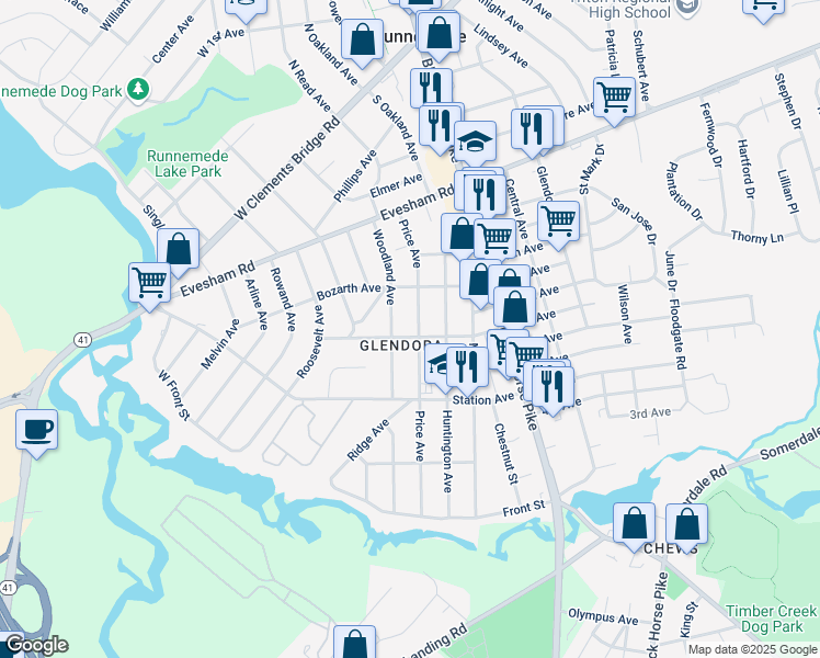 map of restaurants, bars, coffee shops, grocery stores, and more near in Gloucester Township