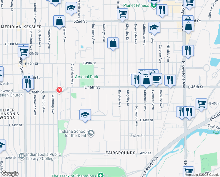map of restaurants, bars, coffee shops, grocery stores, and more near 1519 East 46th Street in Indianapolis