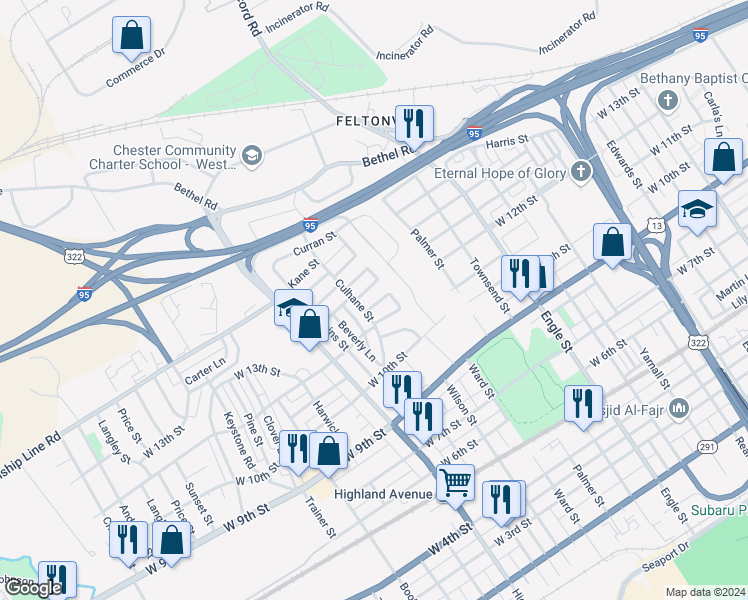 map of restaurants, bars, coffee shops, grocery stores, and more near 2618 Boyle Street in Chester