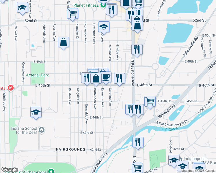 map of restaurants, bars, coffee shops, grocery stores, and more near 2055 East 46th Street in Indianapolis