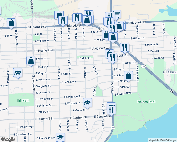 map of restaurants, bars, coffee shops, grocery stores, and more near 1922 East Clay Street in Decatur