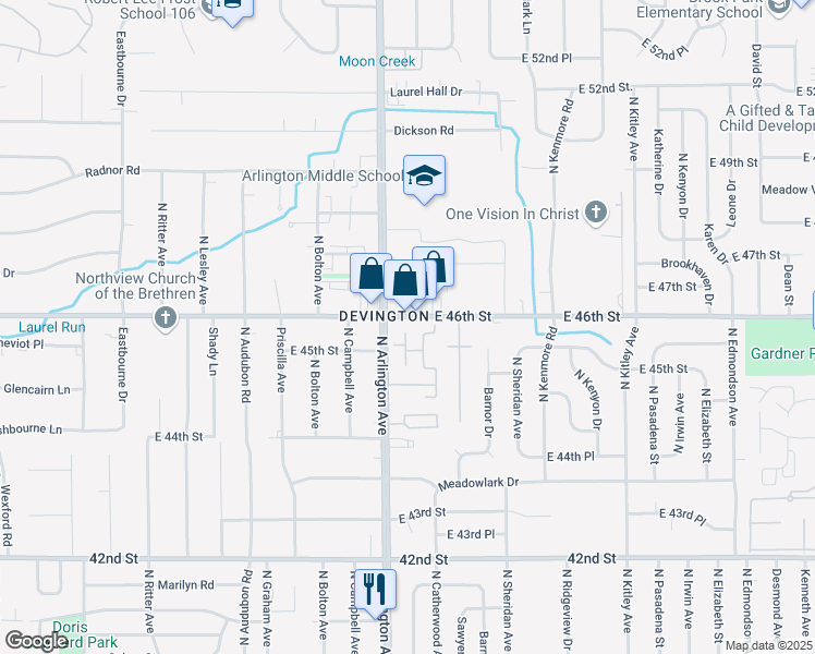 map of restaurants, bars, coffee shops, grocery stores, and more near 6025 East 46th Street in Indianapolis