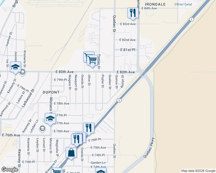 map of restaurants, bars, coffee shops, grocery stores, and more near 7895 Quebec Street in Commerce City