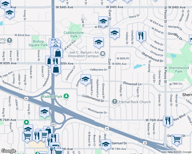 map of restaurants, bars, coffee shops, grocery stores, and more near 7899 Applewood Lane in Denver