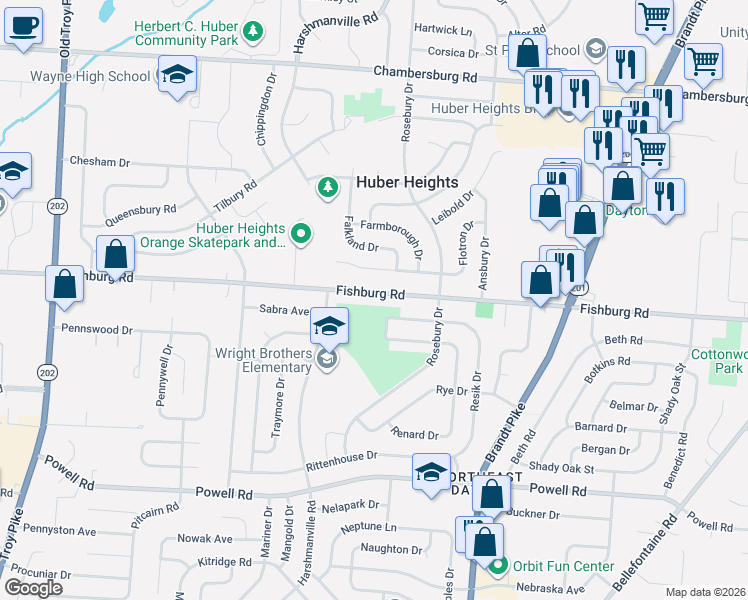 map of restaurants, bars, coffee shops, grocery stores, and more near 5172 Fishburg Road in Dayton