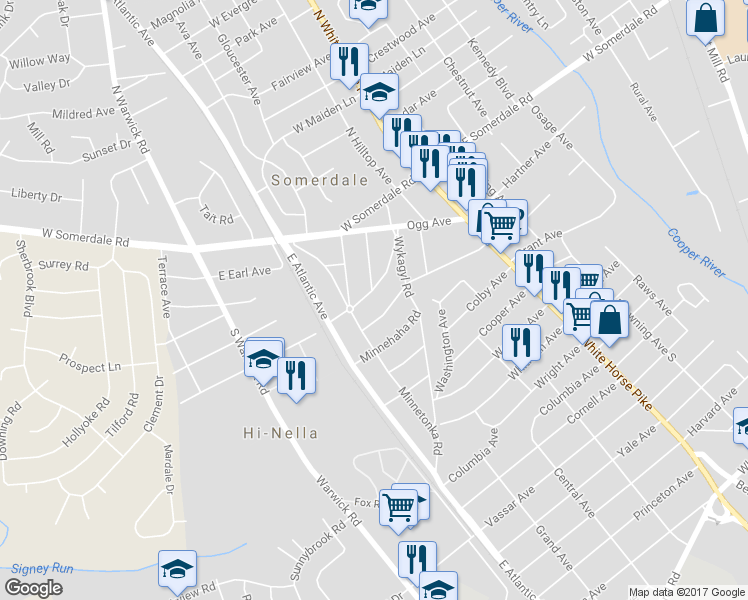 map of restaurants, bars, coffee shops, grocery stores, and more near 58 Hiawatha Road in Somerdale