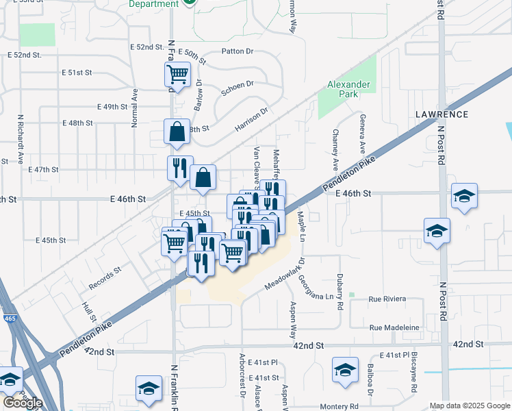 map of restaurants, bars, coffee shops, grocery stores, and more near 8301 Mowery Street in Lawrence
