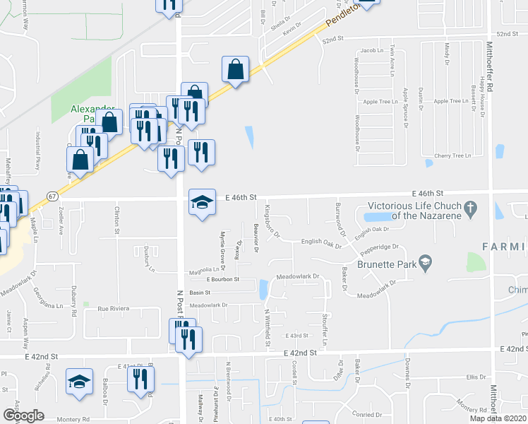 map of restaurants, bars, coffee shops, grocery stores, and more near 4568 Kingsboro Drive in Indianapolis