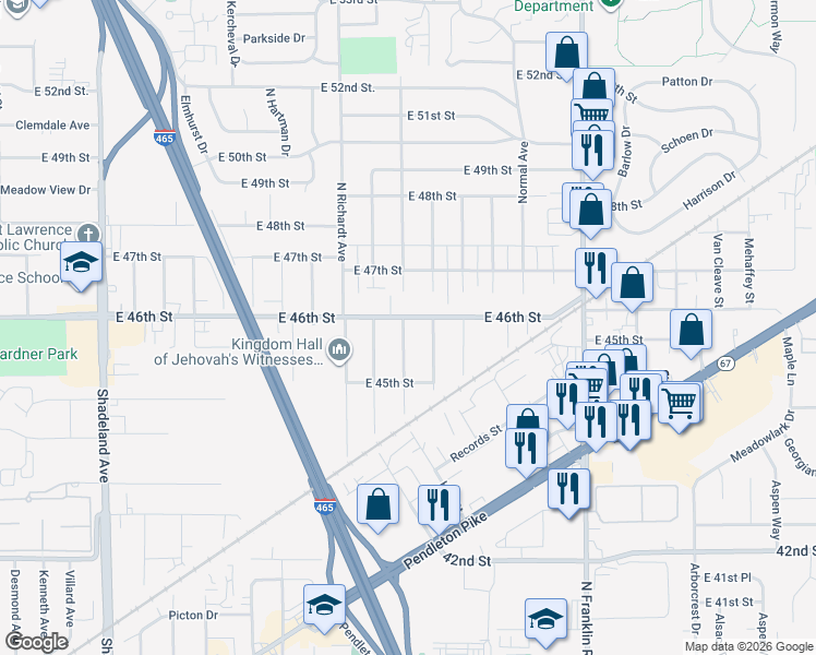 map of restaurants, bars, coffee shops, grocery stores, and more near 7607 East 46th Street in Indianapolis
