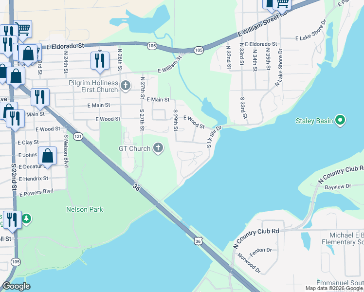 map of restaurants, bars, coffee shops, grocery stores, and more near 2901-2941 Wasson Way in Decatur