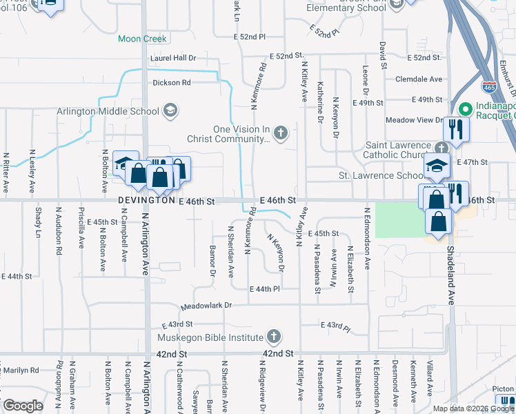 map of restaurants, bars, coffee shops, grocery stores, and more near 4511 North Kenmore Road in Indianapolis