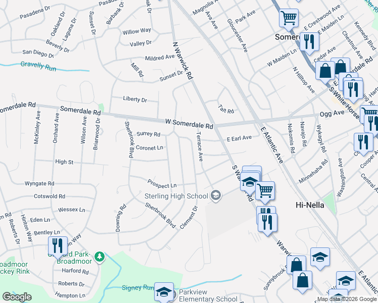 map of restaurants, bars, coffee shops, grocery stores, and more near 20 Clement Dr in Somerdale