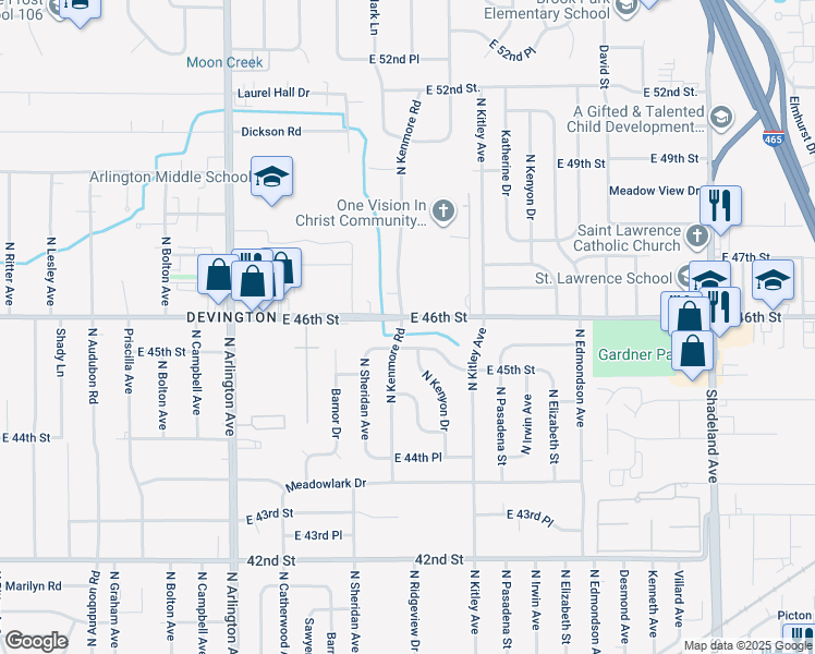 map of restaurants, bars, coffee shops, grocery stores, and more near 4511 North Kenmore Road in Indianapolis
