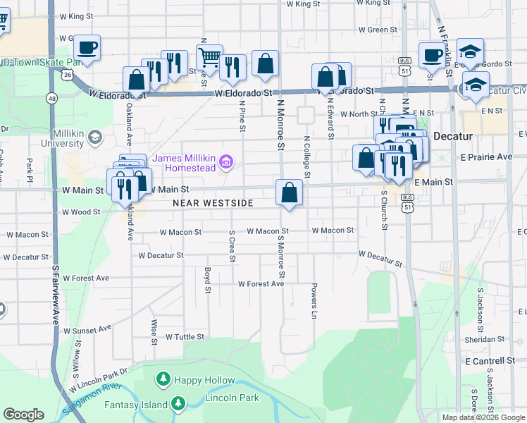 map of restaurants, bars, coffee shops, grocery stores, and more near 721 West Wood Street in Decatur