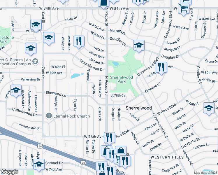 map of restaurants, bars, coffee shops, grocery stores, and more near 7901 Osage Street in Thornton