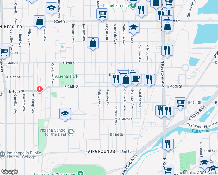 map of restaurants, bars, coffee shops, grocery stores, and more near 1819 East 46th Street in Indianapolis